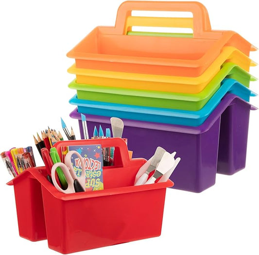Plastic Caddy With Handle,Protable Classroom Craft Caddy, 6-pack Storage Caddy For Pencil,Pen,Craft Tools (Rainbow Color)