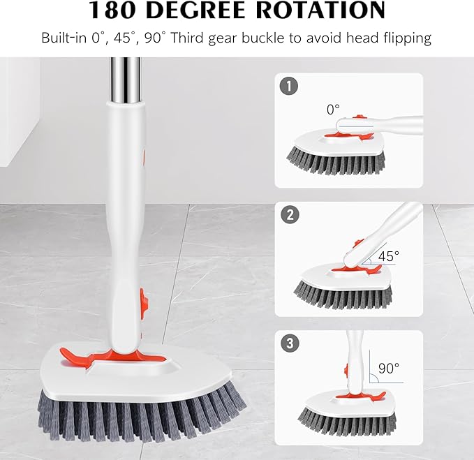 SetSail 4-in-1 Tile Tub Floor Scrubber with 52-inch Adjustable Long Handle Shower Cleaner Brush Comes with Window Scrubber and 3 Replacement Brush Heads for Cleaning Bathroom Kitchen Tub Tile,Orange