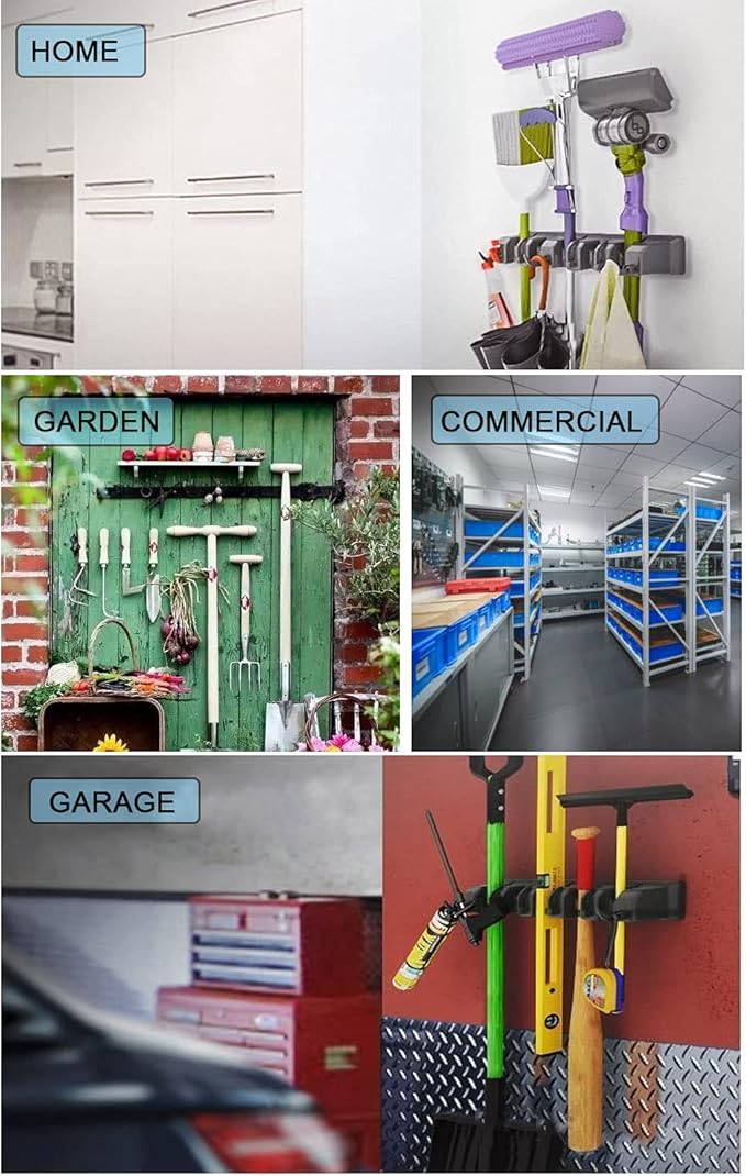 Mop and Broom Holder Broom Hanger Wall Mounted Home Garden Garage Tool Organizer Storage Rack 3 Slots with 4 Hooks,White