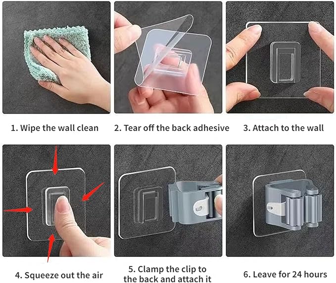 4PCS Mop Broom Holder Wall Mounted Clip Grippers Self-Adhesive No Drilling Racks Anti-Slip Hooks Wall Mount Grippers
