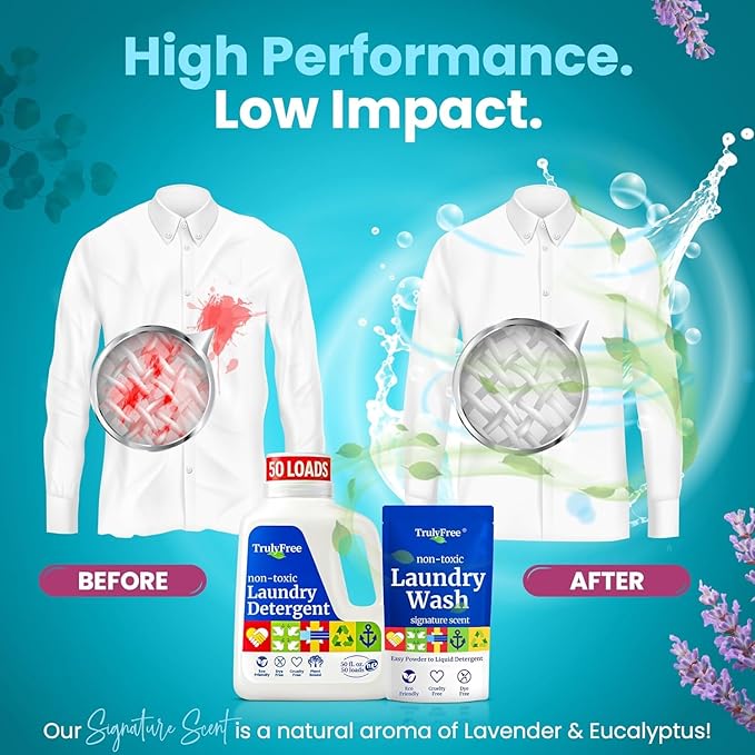 Truly Free Natural Laundry Detergent for Sensitive Skin | Eco Friendly, Plant Based, Baby Clothes Safe | Clean & Easy Powder to Liquid, 4 Pack Refill Detergent, NO Jug | Signature Scent, 200 Loads