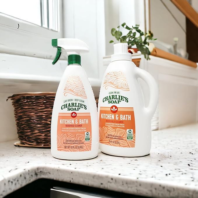 Charlie's Soap Kitchen & Bath Surface Cleaner Refill Kit (107 fl oz) Eco-Friendly Spray & Wipe Multi-Purpose cleaner Safe for Sensitive Skin (2 Pack - One 32oz Sprayer and One 75oz Refill)