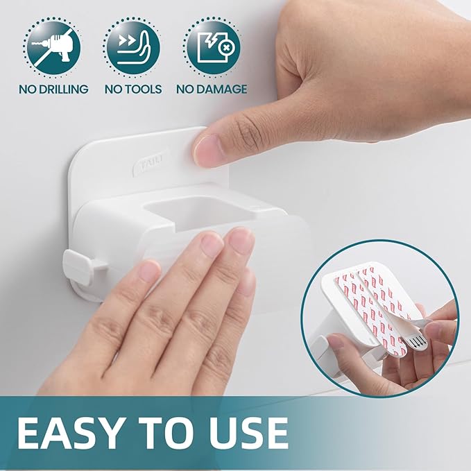 TAILI Mop and Broom Holder Wall Mount Grippers, 3 Hangers and 8 Adhesive Strips, Damage Free Hanging Wall Mount, Household Cleaning Organizer for Organization and Storage, Holds up to 4 lbs, White