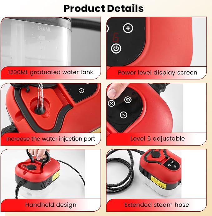 Saker Handheld Steam Cleaner for Home,6-Level Adjustable Steamer for Cleaning,Portable Steam Cleaner,Portable Steamer for Cleaning with 1200ML Water Tank,Suitable for Kitchen,Bathroom,Living Room