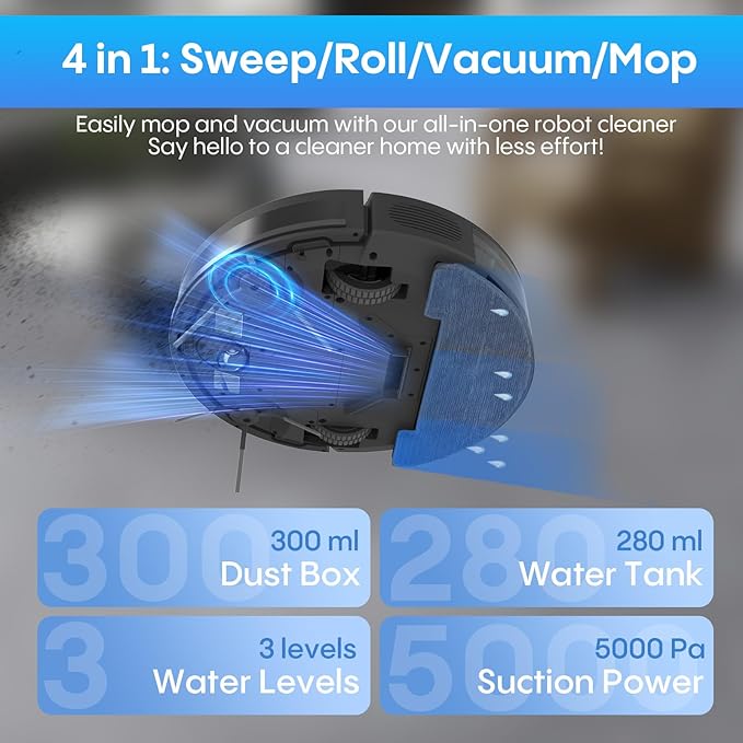 Bagotte Robot Vacuum and Mop Combo, Robotic Vacuum with 5000Pa, Schedule, 4 in 1 Robotic Vacuum Cleaner, Quiet Slim,Self-Charging,Wi-Fi/Voice/App,Perfect for Pet/Hard Floors,/Carpet