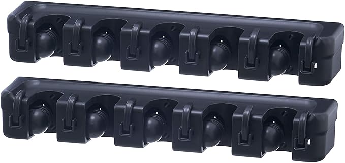 Superio Mop and Broom Holder 2 Pack Wall Mount Black Cleaning Tools Wall Organizer, 3 Rack Slots / 4 Hooks for Kitchen Closet, Garage, Garden, Office