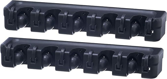 Superio Mop and Broom Holder 2 Pack Wall Mount Black Cleaning Tools Wall Organizer, 3 Rack Slots / 4 Hooks for Kitchen Closet, Garage, Garden, Office