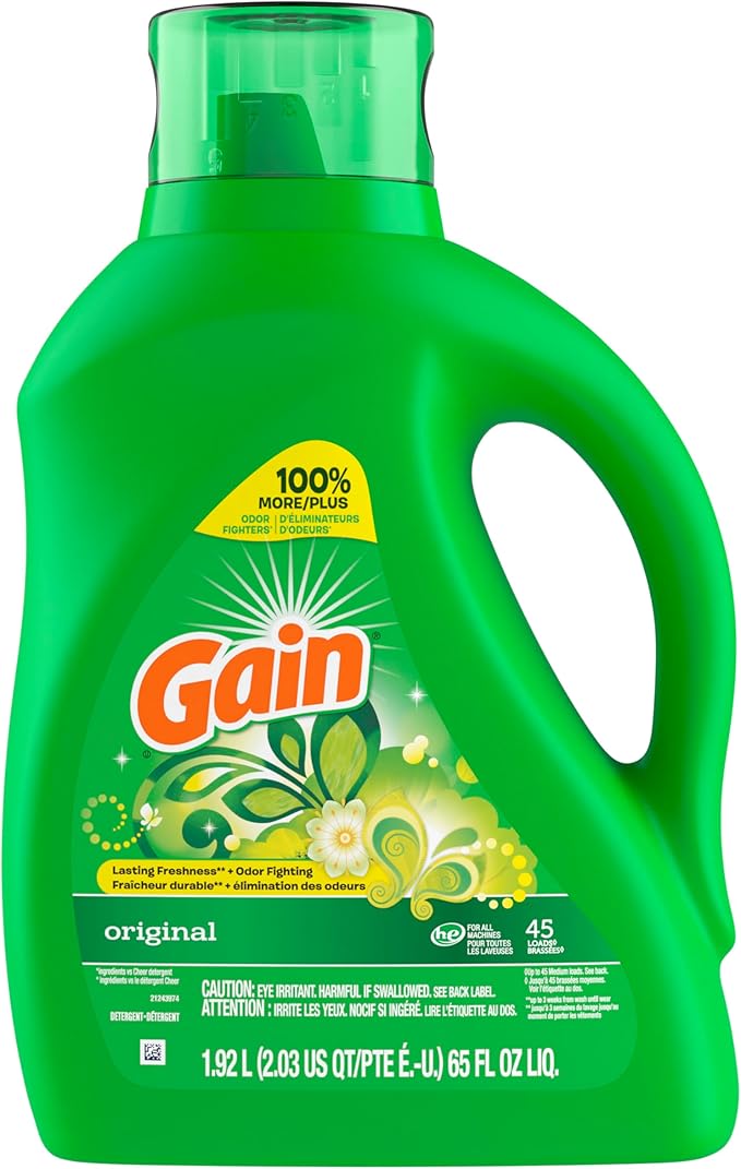 Gain Liquid Laundry Detergent, Original Scent, 65 fl oz x 2, 45 x 2 Loads, Freshness + Odor Fighting, High Efficiency Washing Machine Liquid Cleaning Soap