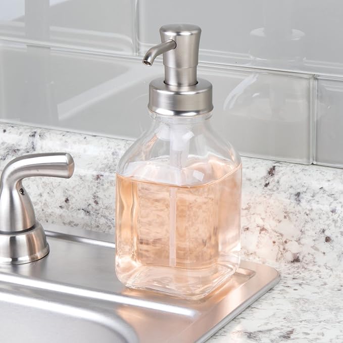 mDesign Square Glass Refillable Liquid Soap Dispenser Pump Bottle for Bathroom Vanity Countertop, Kitchen Sink - Holds Hand Soap, Dish Soap, Hand Sanitizer, Essential Oils - 2 Pack - Clear/Brushed