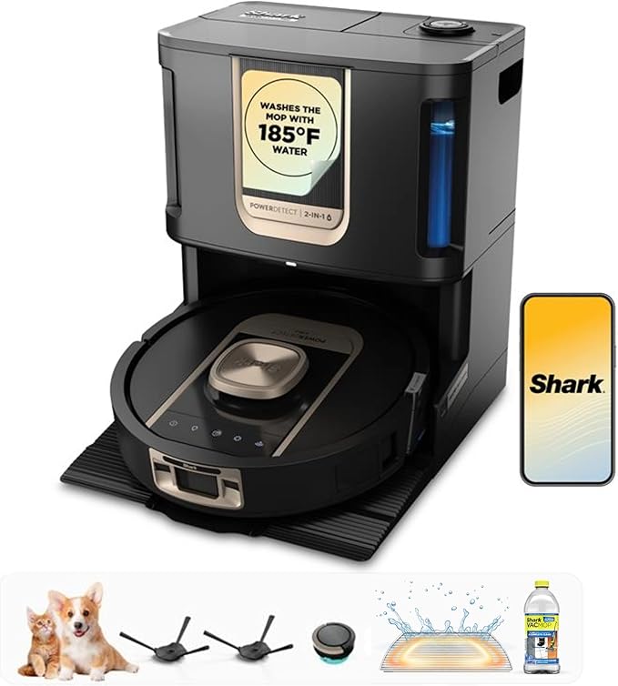 Shark Robot Vacuum & Mop Combo, PowerDetect ThermaCharged NeverTouch Pro, Self-Emptying, Self-Refill with Heated Mop Cleaning, 60-Day Capacity,30-Day Tank, 6 Power Detect Technologies, Black, RV2920XE