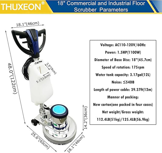 18" Commercial Floor Scrubber Buffer, Heavy Duty Polisher Machine- 1100W Motor, 12L Tank for Hotel Carpet/Tile Cleaning, Butterfly Handle, Low Noise 110V