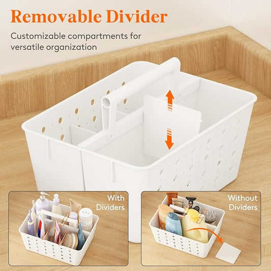 Lifewit Shower Caddy Portable, Plastic Bathroom Organizer with Handle and Holes, Hard Cleaning Basket for Toiletry Storage, College Dorm Essentials, White, 2 Packs