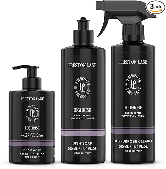 Preston Lane Luxury Kitchen Set – Hand Wash, Dish Soap & All-Purpose Cleaner | Plant-Powered Cleaning Essentials Bundle with Fine Italian Fragrance, Highrise Scent