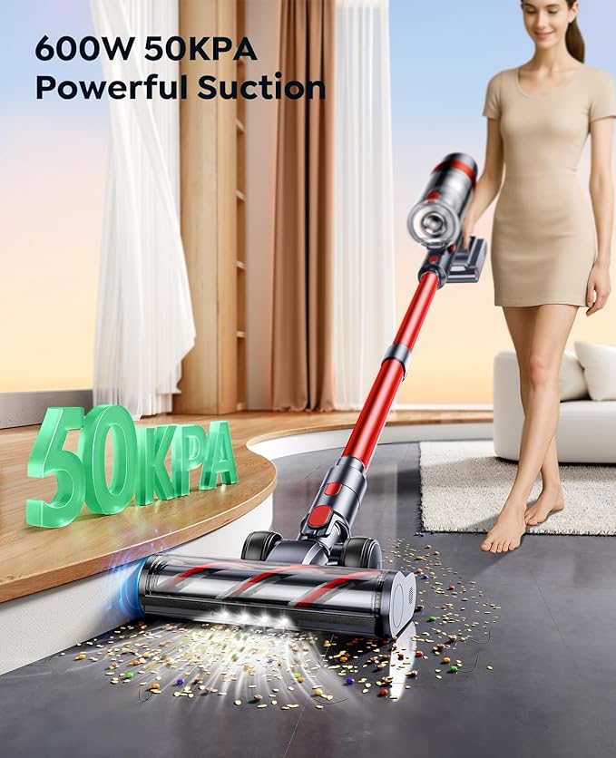 Cordless Vacuum Cleaner, 600W/50KPa Stick Vacuum, 65 Mins Runtime Rechargeable Vacuum, Wall Mount Charging, Auto Mode, Self-Standing Vacuum Cleaner for Home with 3.3Ft Hose for Pet Hair Carpet Floor