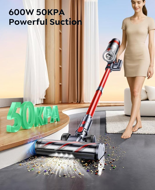 Cordless Vacuum Cleaner, 600W/50KPa Stick Vacuum, 65 Mins Runtime Rechargeable Vacuum, Wall Mount Charging, Auto Mode, Self-Standing Vacuum Cleaner for Home with 3.3Ft Hose for Pet Hair Carpet Floor