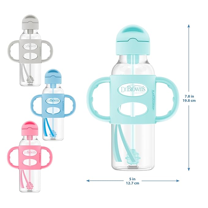 Dr. Brown's Milestones Narrow Sippy Straw Bottle, Spill-Proof with 100% Silicone Handles and Weighted Straw, 8 oz/250 mL, Gray/Green, 6m+
