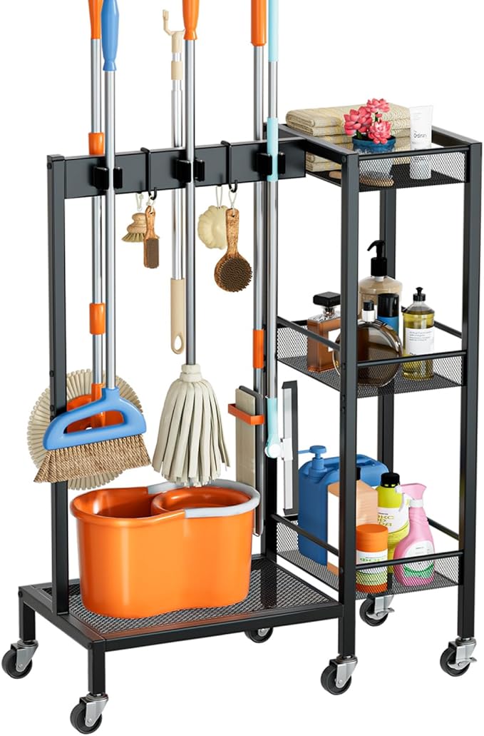 Broom and Mop Holder with Cleaning Supplies Organizer, Narrow Cleaning Cart with Cleaning Caddy, 25.6"W Medium Cleaning Rack with Grippers Rack Hooks for Housekeeping Laundry Room Organization