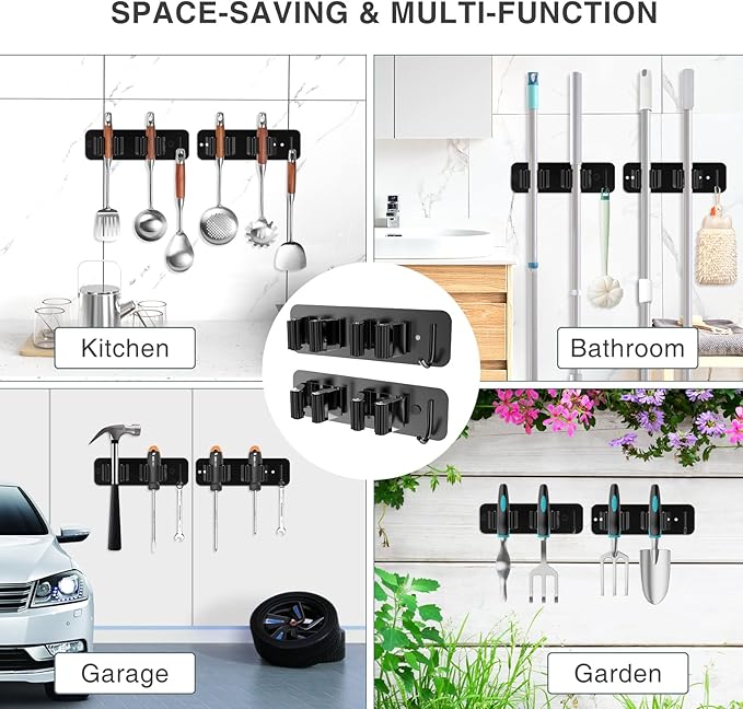 Wall Mount Mop and Broom Holder, Heavy Duty Stainless Steel Organizer Rack with Hooks | 2-Pack, 2-in-1 No Drill & Screw Installation, Black