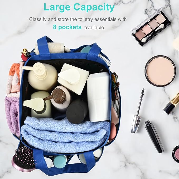 Haundry Mesh Shower Caddy Tote, Large College Dorm Bathroom Caddy Organizer with Hook and Handles, 8 Basket Pockets for Camp Swimming Travel Gym Beach