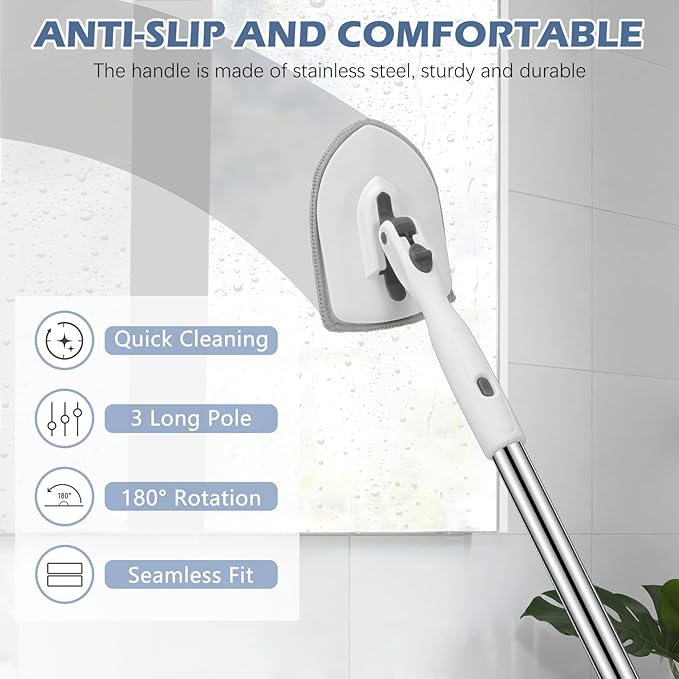 SetSail 4-in-1 Tile Tub Floor Scrubber with 52-inch Adjustable Long Handle Shower Cleaner Brush Comes with Window Scrubber and 3 Replacement Brush Heads for Cleaning Bathroom Tub Tile, White Grey