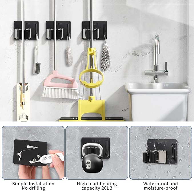 Mop Broom Holder Wall Mount, Stainless Steel, Rust Resistant, Heavy Duty, No Drill,Self-adhesive Broom Holder Wall Mount with Hooks 4Pcs for Bathroom, Kitchen, Garage, Black
