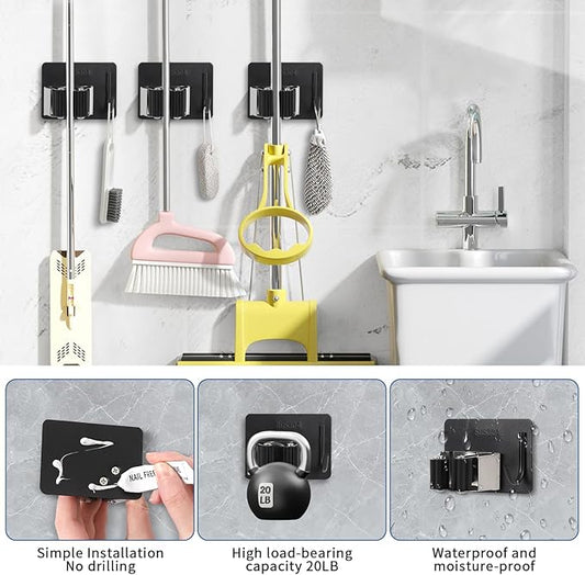 Mop Broom Holder Wall Mount, Stainless Steel, Rust Resistant, Heavy Duty, No Drill,Self-adhesive Broom Holder Wall Mount with Hooks 4Pcs for Bathroom, Kitchen, Garage, Black