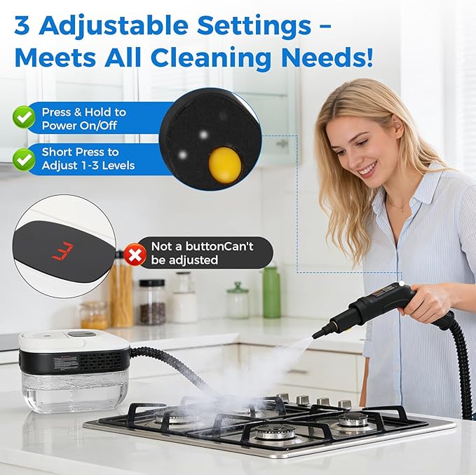 Powerful Steam Cleaner, 3-Level Adjustable Steam Cleaner for Home & Car, Multipurpose Canister Steam Cleaner, 15s Heat-Up & 1.6L Large Tank, Suitable for Cars, Floors, Kitchens and Bathrooms