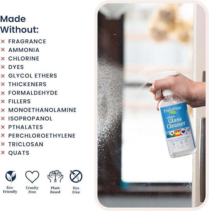 Truly Free Natural Glass Cleaner - Removes Dirt & Debris for Sparkling Clean Windows & Glass Surfaces at Home, Office & Garage, Includes: 1 Refillable Empty Bottle (16oz) & 2 Refills (3oz ea)