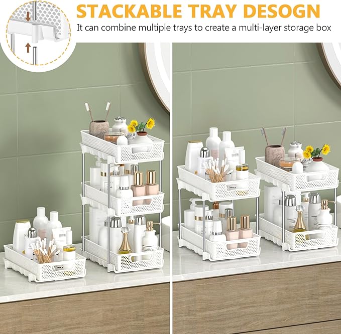 2 Pack Pull Out Bathroom Organizers and Storage, 2 Tier Stackable Under Sink Storage Organizer for Bathroom, Kitchen Cabinet, Pantry, and Medicine Holder, Organization and Storage - White
