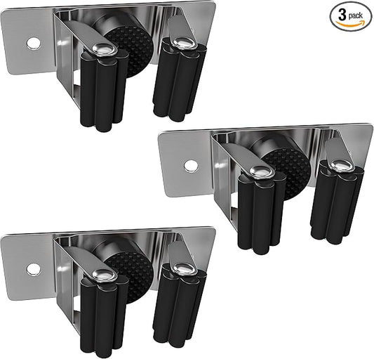 Self Adhesive Broom and Mop Holder Wall Mounted – SUS304 Stainless Steel 2-Slot Organizer with Anti-Slip Rubber Grips, 25lb Load, Adjustable for 0.6–1.4" Handles, Garage Kitchen Bathroom Use, 3 Pcs