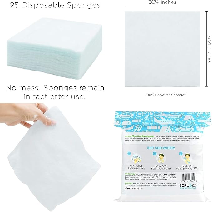 Scrubzz Disposable No Rinse Bathing Wipes - All-in-1 Single Use Shower Wipes, Simply Dampen, Lather, and Dry Without Shampoo or Rinsing (Unscented, 4-Pack)