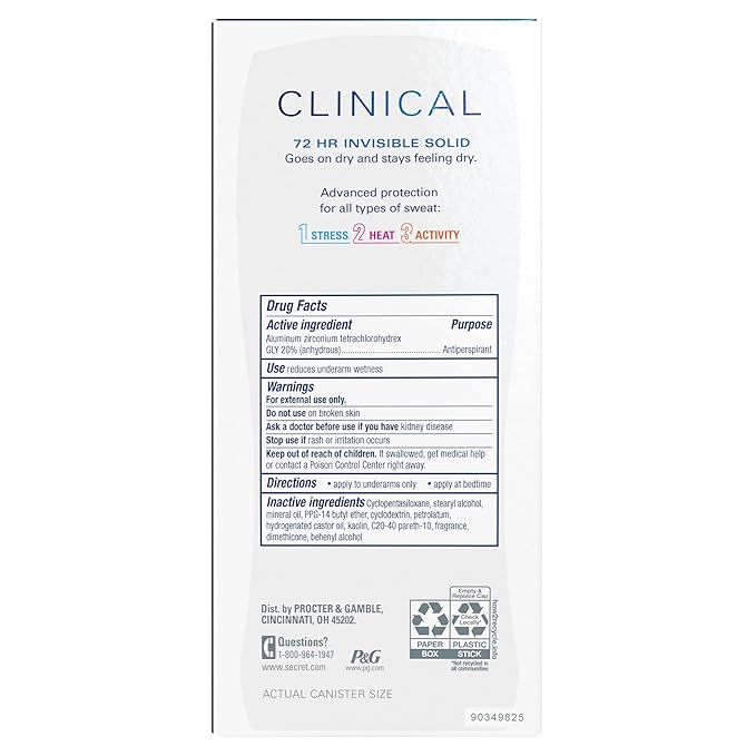 Secret Clinical Strength Antiperspirant Deodorant for Women, 3X Stress Protection, 72hr Sweat & Odor Protection, PH Balancing Minerals, Invisible Solid, Completely Clean Scent, 2.6 oz