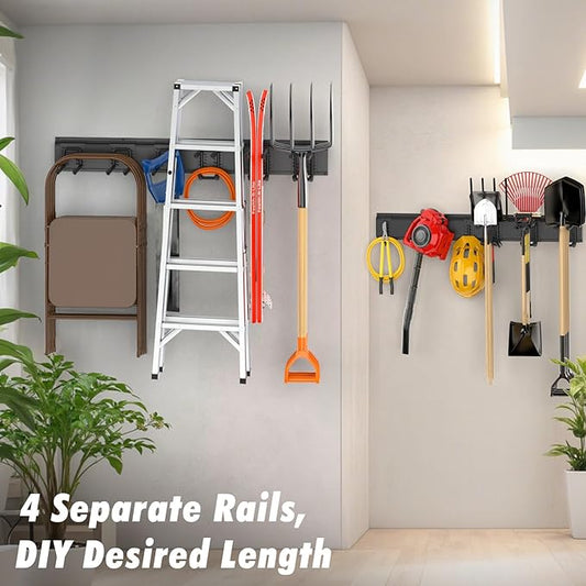 Housolution Heavy Duty Garage Wall Organizer 64 Inch - 18Pack Carries 570 lbs, Garage Tool Organizer Storage System, 4 Rails with 12 Adjustable Hooks, Garden Tool Organizer for Warehouse, Workshop