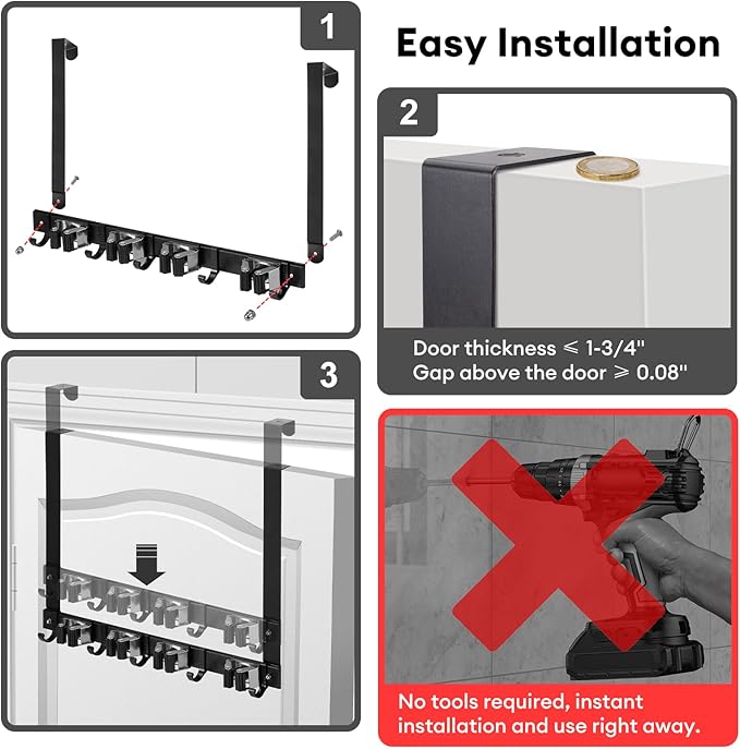 SLIIMU Over Door Movable Broom and Mop Hanging Holder with Sliding 4 Rack 5 Hook, Metal Mop and Broom Holder Wall Mount with 2 Over Door Hook, Door Mount Storage Organizer for Closet Garage Laundry
