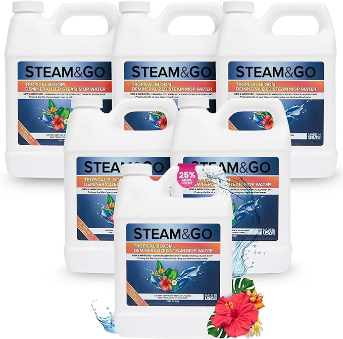 Steam & Go Demineralized Water for Steam Cleaner - PVC-Free Floor Cleaning Solution Compatible for All Steam Mops - Multi-Surface Cleaner for Home Surfaces - Tropical Bloom Scent, 32 oz (Pack of 6)