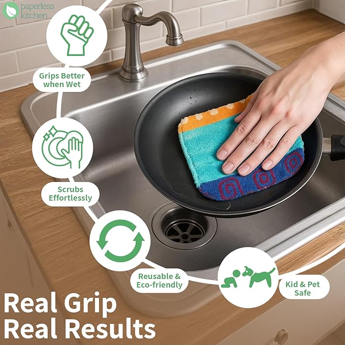 Kitchen Dish Scrubbers | Soft Scrub for Dishes | Non-Scratch Cleaning Pads for Kitchen | Made from Cotton Fiber | Safe on All Surfaces | Long-Lasting & Easy to Clean | Pack of 12