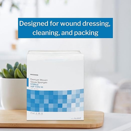 McKesson Premium Woven Gauze Sponges, Sterile, 12-Ply, USP Type VII, 100% Cotton, 4 in x 4 in, 2 per Pack, 25 Packs, 50 Total