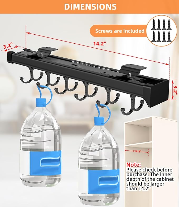 Pull Out Broom Holder With Adjustable Double Row Sliding Hook, Multifunctional Slide Broom And Mop Storage/Organizer Garage Organization Hooks, for Closet Laundry Garage Cupboard Kitchen
