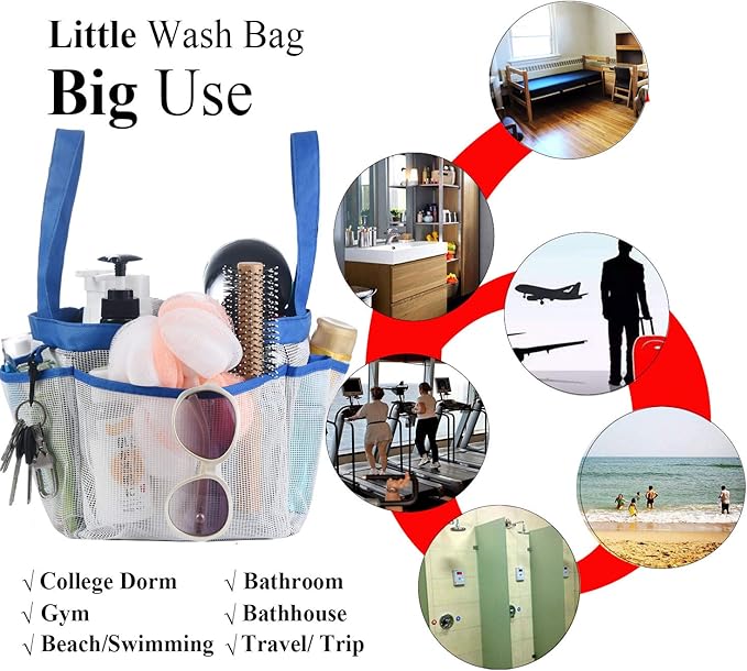 Haundry Mesh Shower Caddy Tote, Large College Dorm Bathroom Caddy Organizer with Key Hook and 2 Oxford Handles, 8 Basket Pockets for Camp Gym