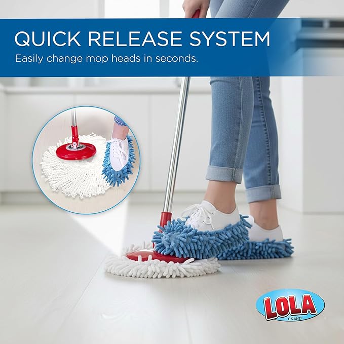 LOLA Revolution Deluxe Spin Mop & Bucket, w/ 3 Microfiber Washable Heads, 1 Pair Microfiber Mop Slippers, Fast Dry, Deep Clean Floors & Hands-Free Wringer, Easy Spin Dry, NO EXHAUSTIVE Foot Pedal