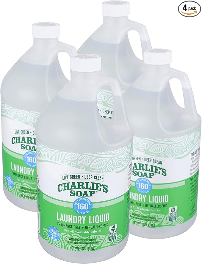 Charlie’s Soap Laundry Liquid (160 Loads, 4 Pack) Natural Deep Cleaning Hypoallergenic Laundry Detergent – Biodegradable Eco Friendly Sustainable Laundry Liquid
