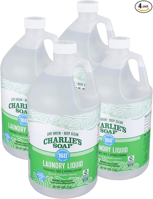 Charlie’s Soap Laundry Liquid (160 Loads, 4 Pack) Natural Deep Cleaning Hypoallergenic Laundry Detergent – Biodegradable Eco Friendly Sustainable Laundry Liquid