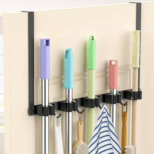 Broom Holder Over The Door Drilling Free Mop and Broom Holder with 4 Over Door Hook, Metal Mop and Broom Storage Wall Mount Broom Storage Tool Organizer for Laundry Room Garage Kitchen Bathroom
