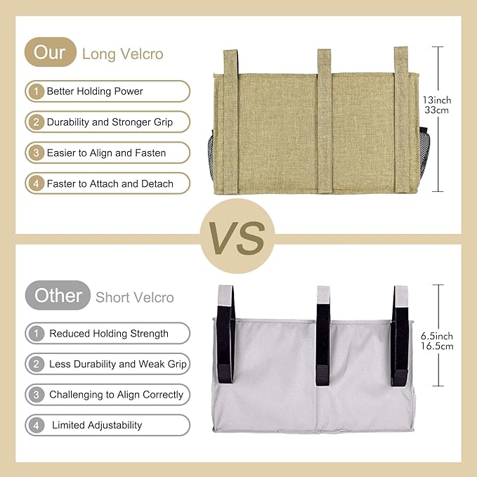 Surblue Bedside Caddy Hanging Bed Organizer Storage Bag Pocket for Bunk and Hospital Beds, College Dorm Rooms Baby Bed Rails, Camp 8 Pockets, (Large, Linen)