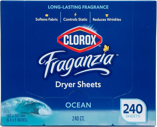 Clorox Fraganzia Fabric Softener Dryer Sheets, Ocean Scent - Wrinkle Reducing Scented Softening Laundry Dryer Sheets for Great Smelling Clothes, 240 Count