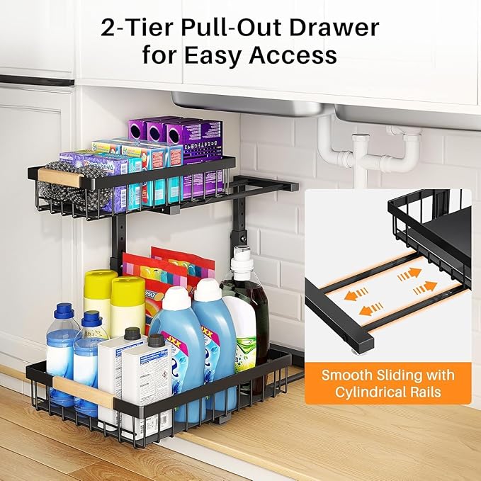 PXRACK 2 Pack Under Sink Organizer,Adjustable Height,2 Tier Pull Out Under Cabinet Organizer,Slide Out Thickened Metal Under Sink Storage for Kitchen Bathroom Laundry Cabinet Pantry,Black(S)