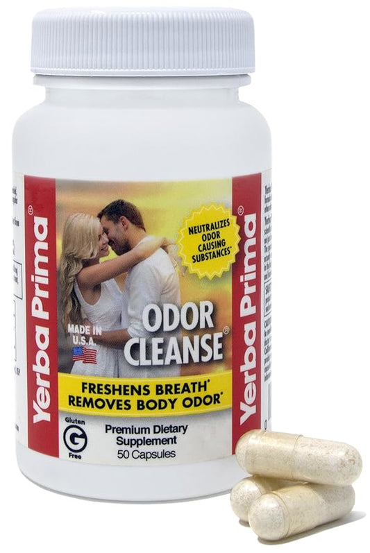 Yerba Prima Odor Cleanse 50 Capsules - Supports Reduction of Body Odor BO and Fresh Breathe - Reduce Garlic Smells Patented Mushroom Extract