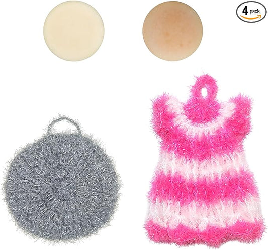 Handmade Dishwash Set, Soap 2PCS +Scrubber 2PCS, Natural Solid Dish Soap Bar, Solid dish washing bar, Natural ingedients, 2 layer Bun Shape Scrubber 1PCS, Crochet scrubber 1PCS Dress design
