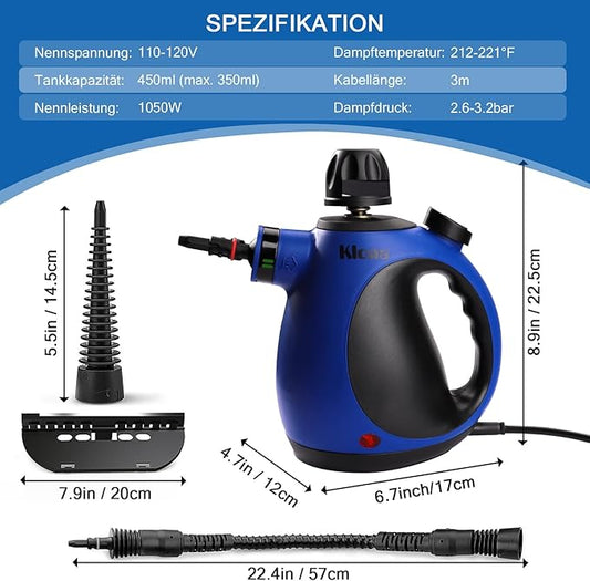 KLONA Portable Steam Cleaner, Hand Held steamers for cleaning house, Home Multi Purpose - 10-Piece Accessory Kit for Sofa, Upholstery, Carpets