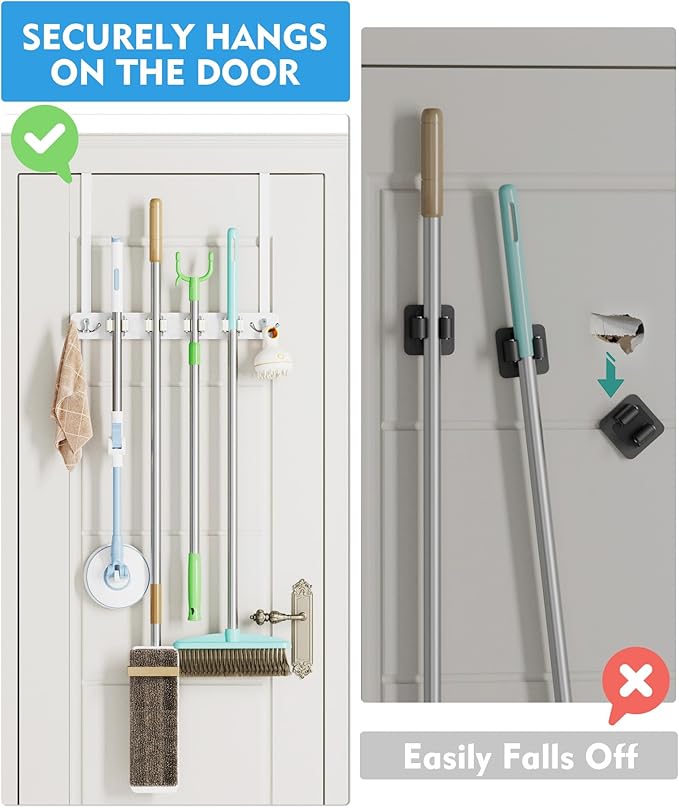 Over the Door Broom Holder, Mop and Broom Holder Door Mount, Hanging Organizer with 4 Racks & 2 Hooks, Wooden Hanger Storage Decor, Laundry Tool Organizer for Closet Garage, No Drills